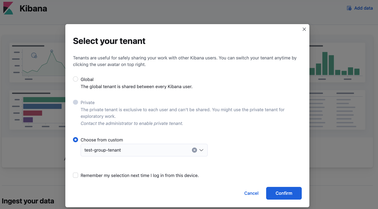 Screenshot of logging dashboard with opened tenant selection popup.
