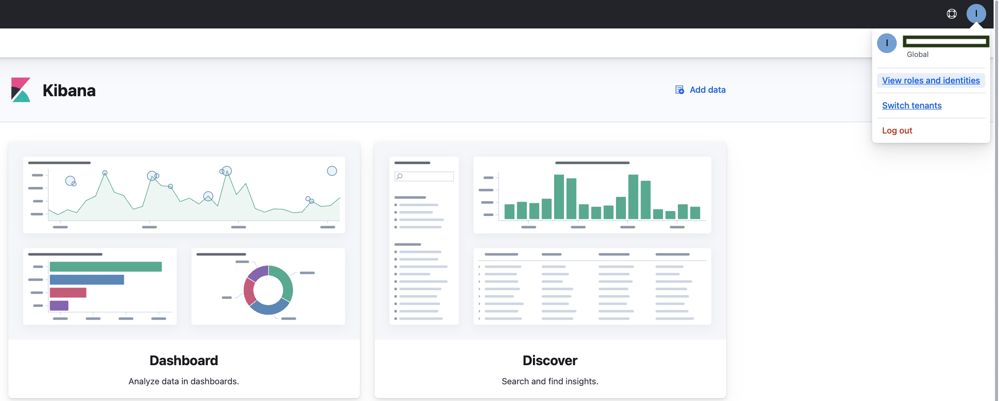 Screenshot of logging dashboard with open profile menu.